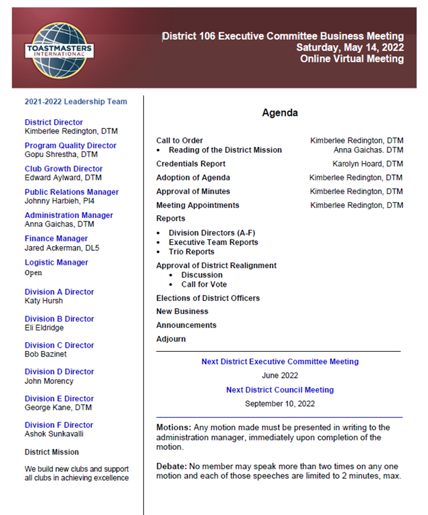 Business Meeting agenda
